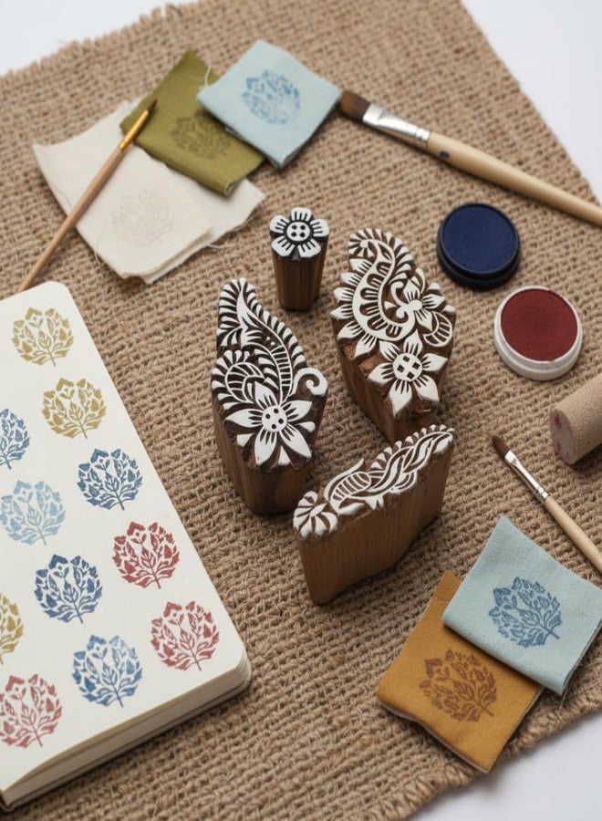 KHUSHA CREATIONS Wooden Printing Block Set for Fabric, Clay & Paper | Floral & Paisley Hand-Carved Stamps for Block Printing, Rangoli, Craft, Mehndi Design (Set of 4) - Image 2